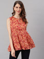 Janasya Women's Orange Poly Georgette Floral Print Regular Top