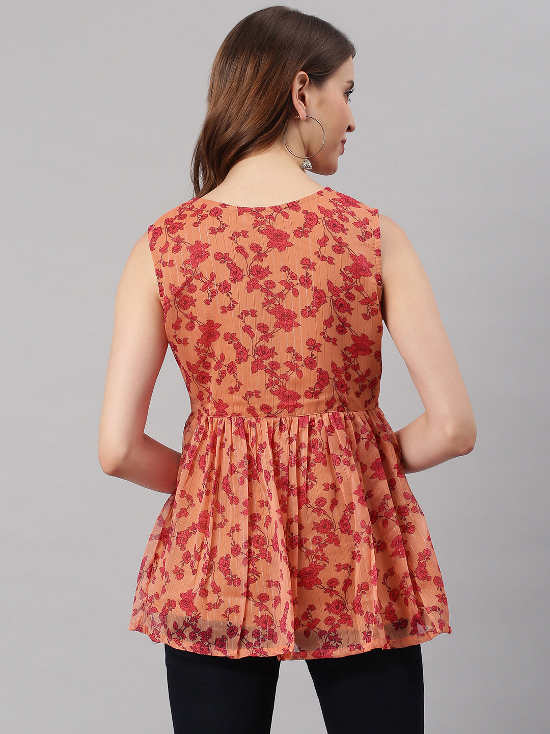 Janasya Women's Orange Poly Georgette Floral Print Regular Top