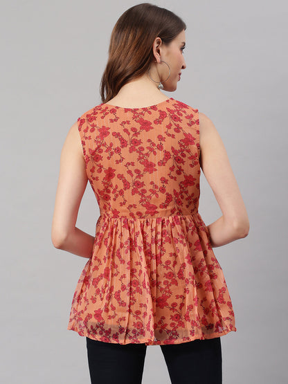 Janasya Women's Orange Poly Georgette Floral Print Regular Top
