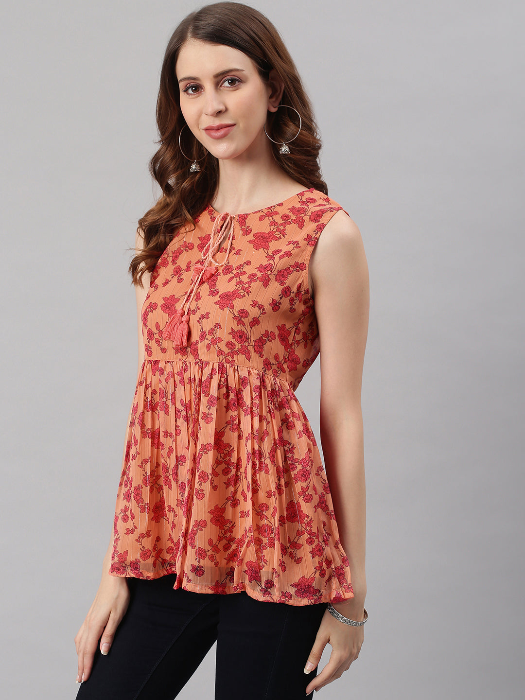 Janasya Women's Orange Poly Georgette Floral Print Regular Top