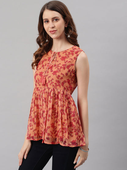 Janasya Women's Orange Poly Georgette Floral Print Regular Top