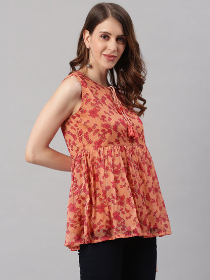 Janasya Women's Orange Poly Georgette Floral Print Regular Top