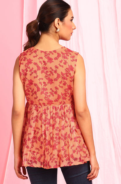 Janasya Women's Orange Poly Georgette Floral Print Regular Top