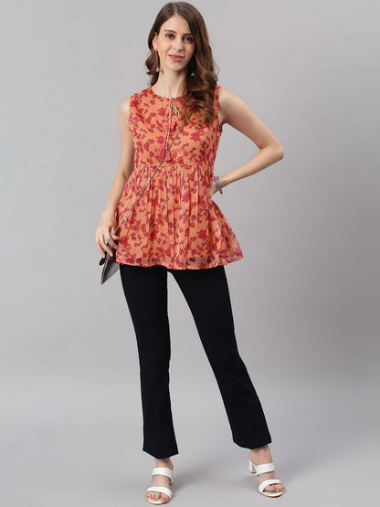 Janasya Women's Orange Poly Georgette Floral Print Regular Top