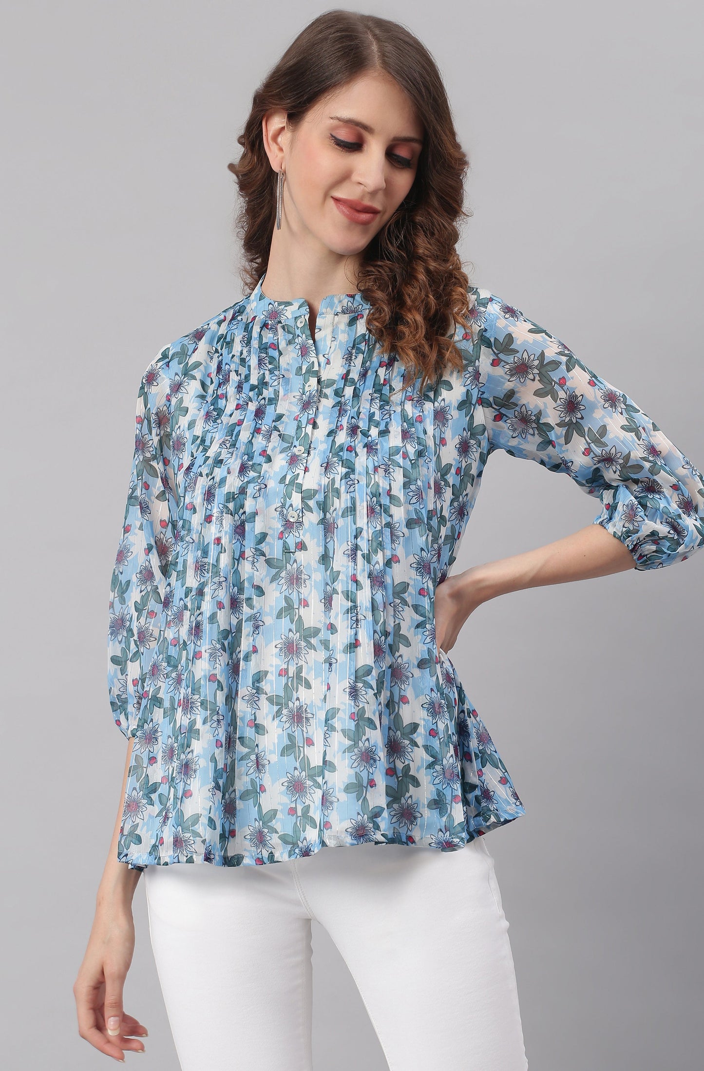Janasya Women's Blue Poly Georgette Floral Print Pleated Top