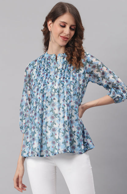 Janasya Women's Blue Poly Georgette Floral Print Pleated Top