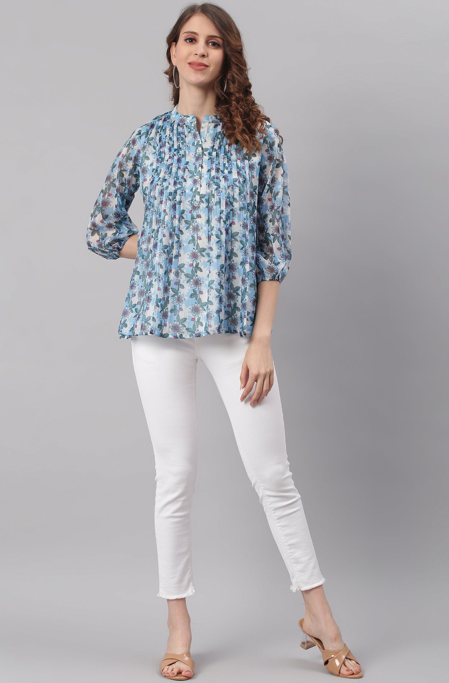 Janasya Women's Blue Poly Georgette Floral Print Pleated Top