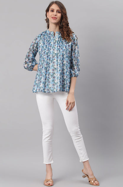Janasya Women's Blue Poly Georgette Floral Print Pleated Top
