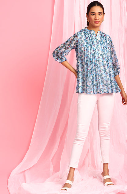 Janasya Women's Blue Poly Georgette Floral Print Pleated Top