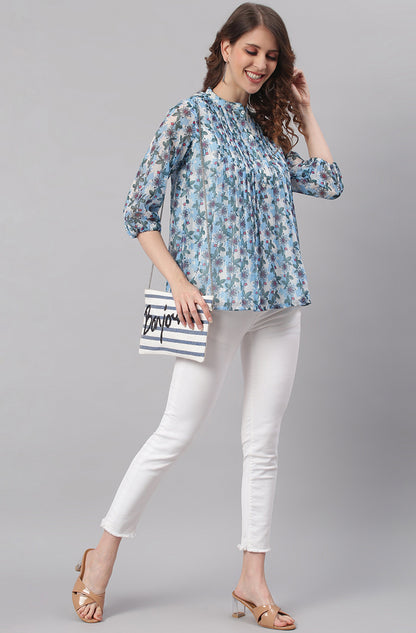 Janasya Women's Blue Poly Georgette Floral Print Pleated Top