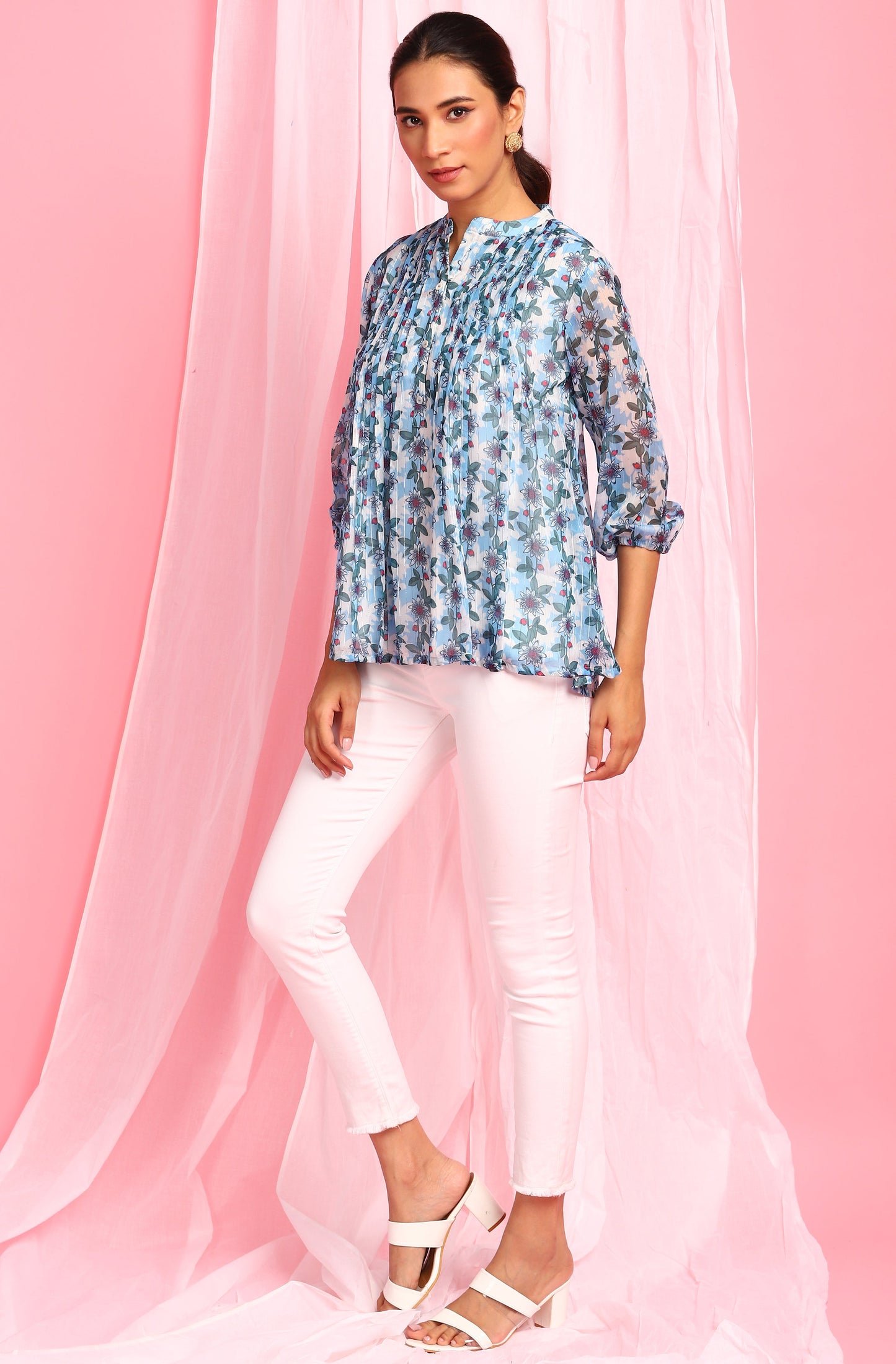 Janasya Women's Blue Poly Georgette Floral Print Pleated Top