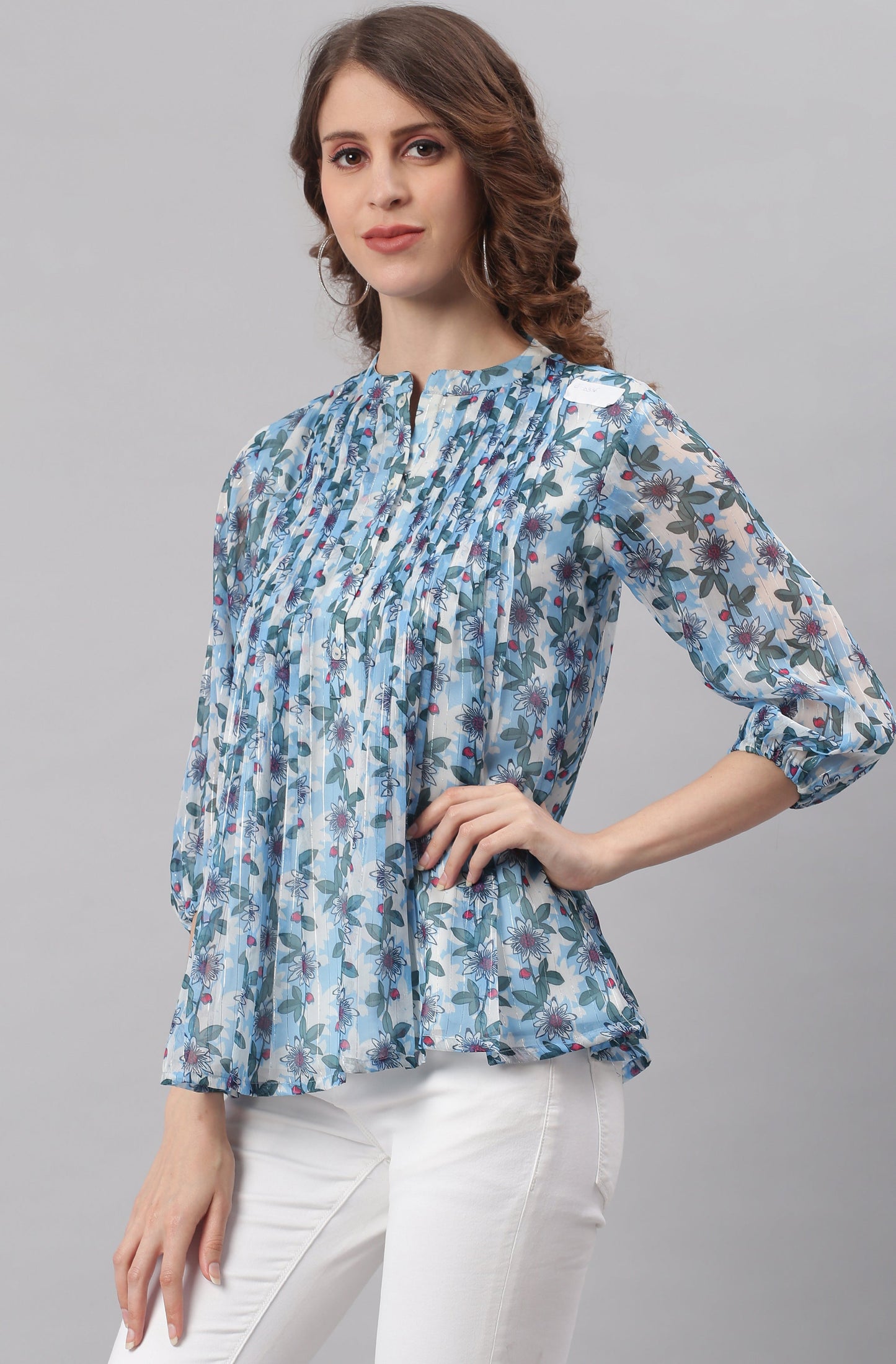 Janasya Women's Blue Poly Georgette Floral Print Pleated Top