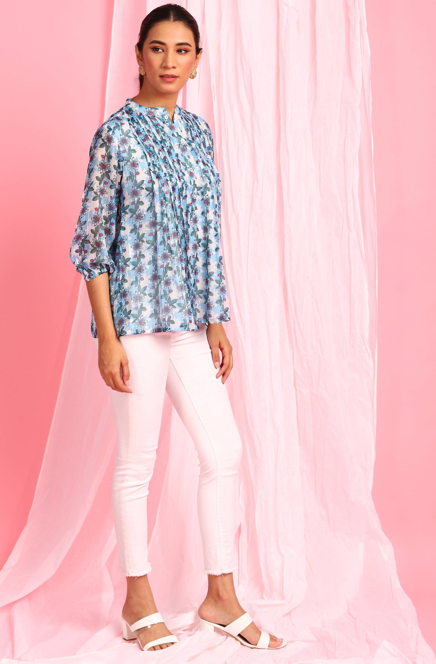 Janasya Women's Blue Poly Georgette Floral Print Pleated Top