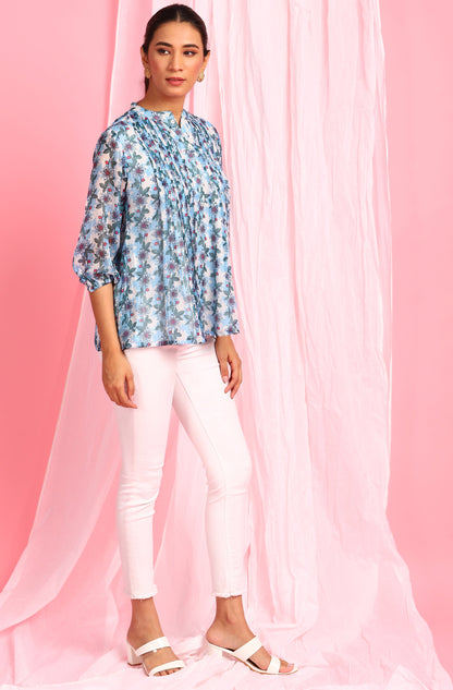 Janasya Women's Blue Poly Georgette Floral Print Pleated Top
