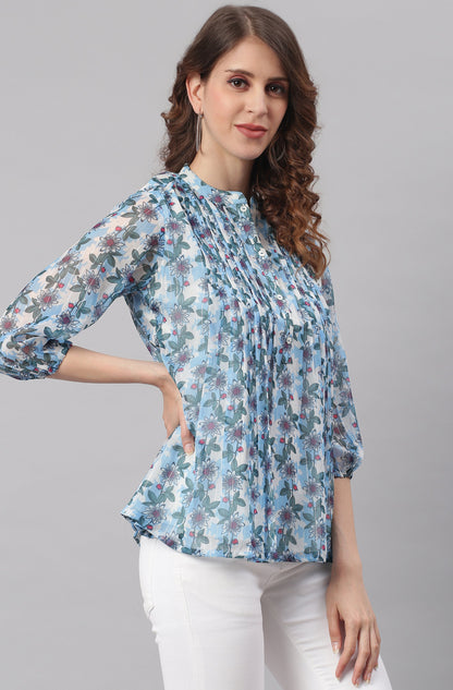 Janasya Women's Blue Poly Georgette Floral Print Pleated Top