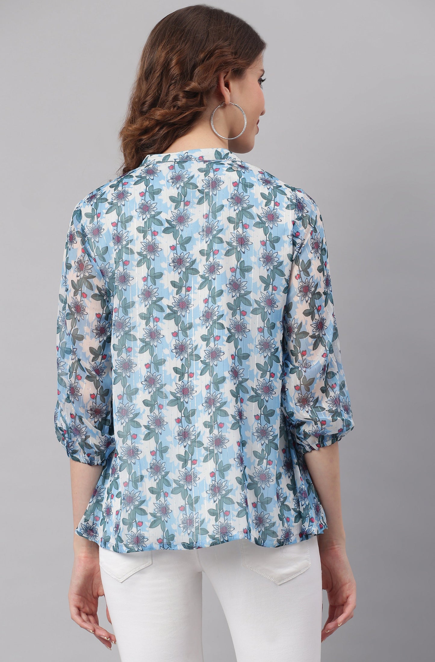 Janasya Women's Blue Poly Georgette Floral Print Pleated Top