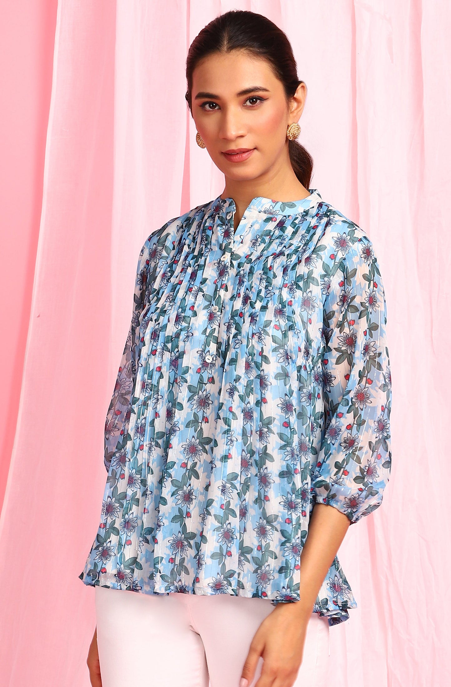 Janasya Women's Blue Poly Georgette Floral Print Pleated Top