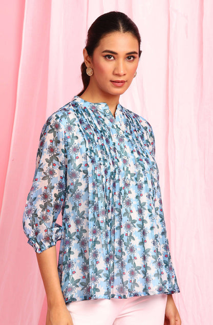 Janasya Women's Blue Poly Georgette Floral Print Pleated Top