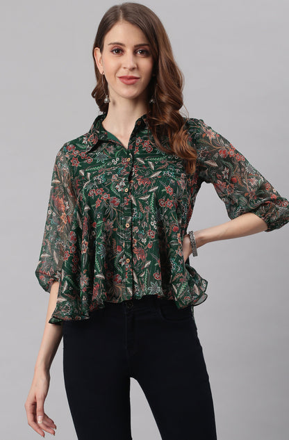 Janasya Women's Green Poly Georgette Floral Print Regular Top