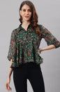 Janasya Women's Green Poly Georgette Floral Print Regular Top