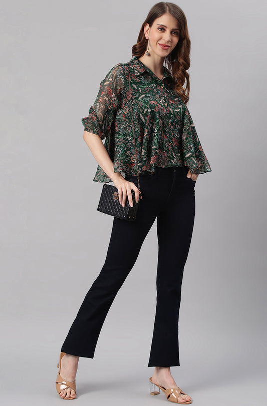 Janasya Women's Green Poly Georgette Floral Print Regular Top