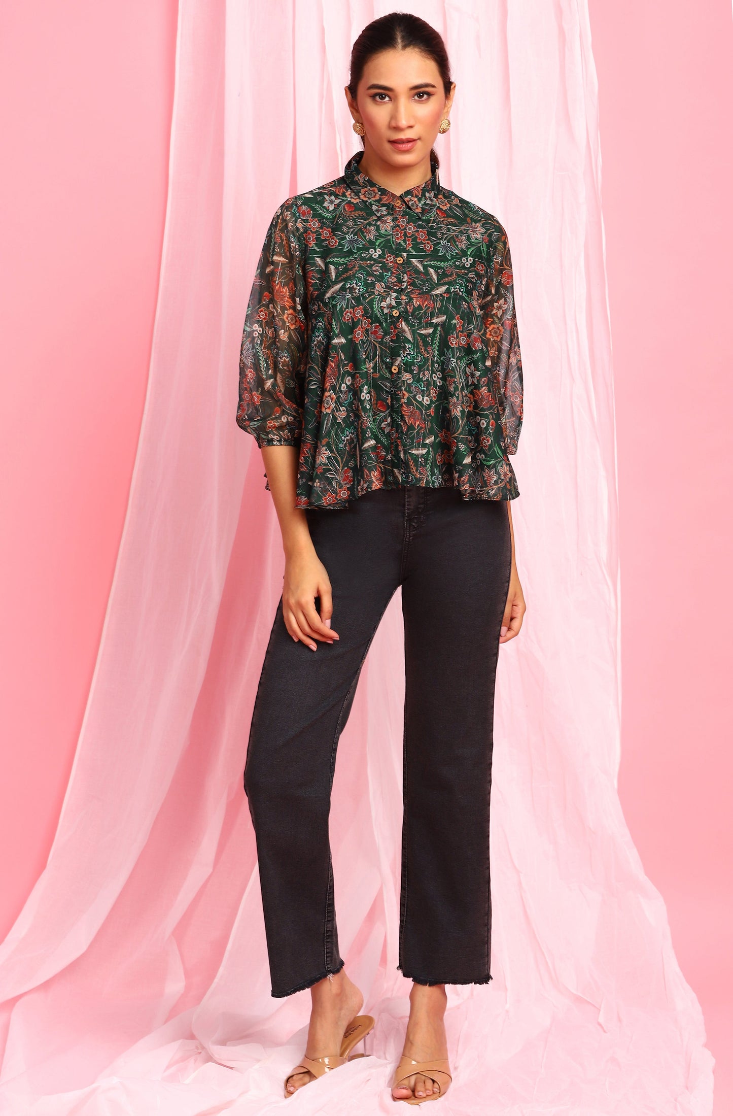 Janasya Women's Green Poly Georgette Floral Print Regular Top