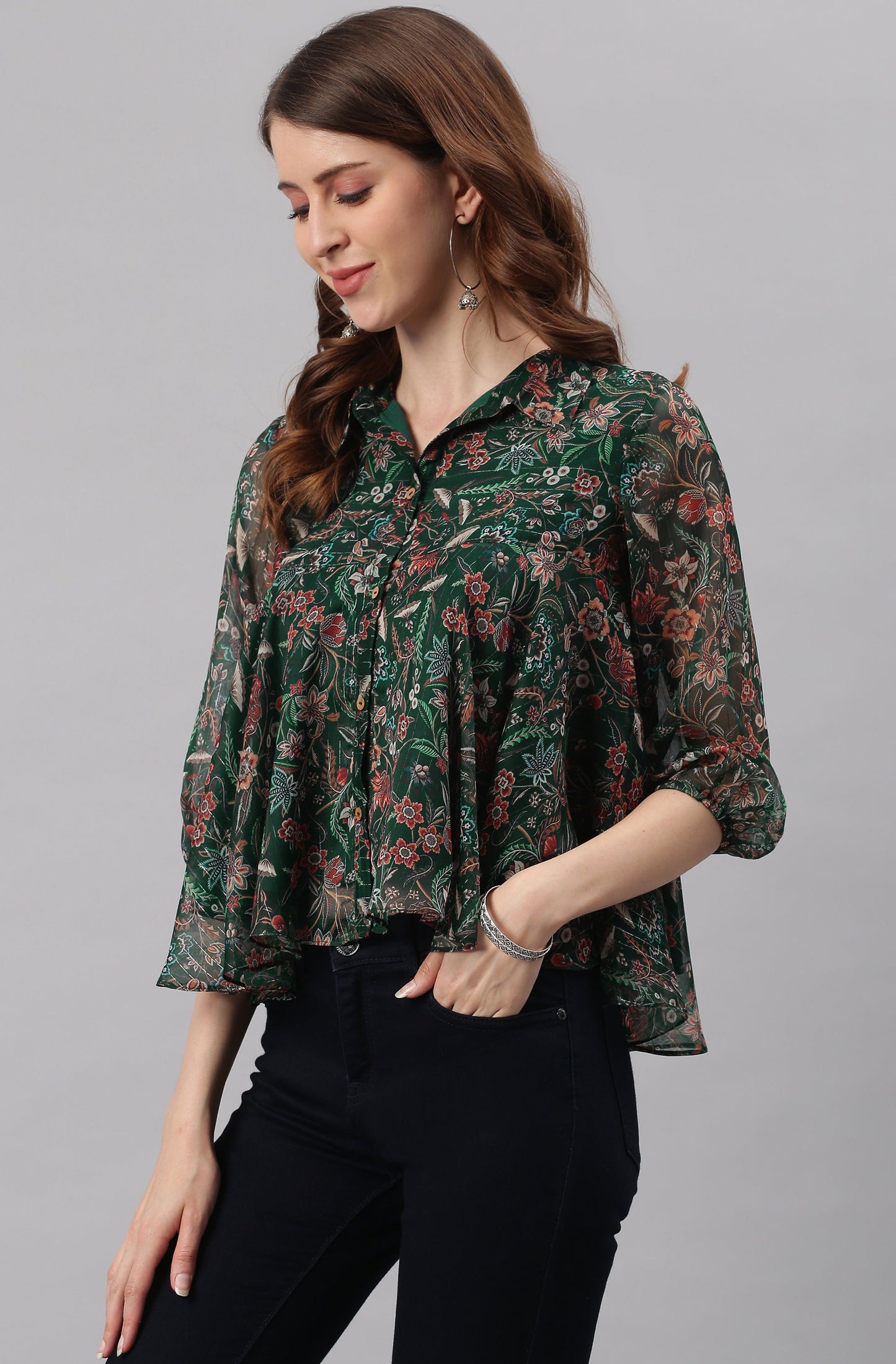 Janasya Women's Green Poly Georgette Floral Print Regular Top