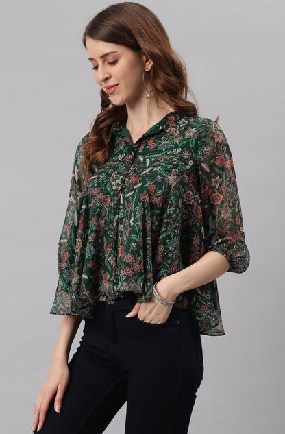Janasya Women's Green Poly Georgette Floral Print Regular Top
