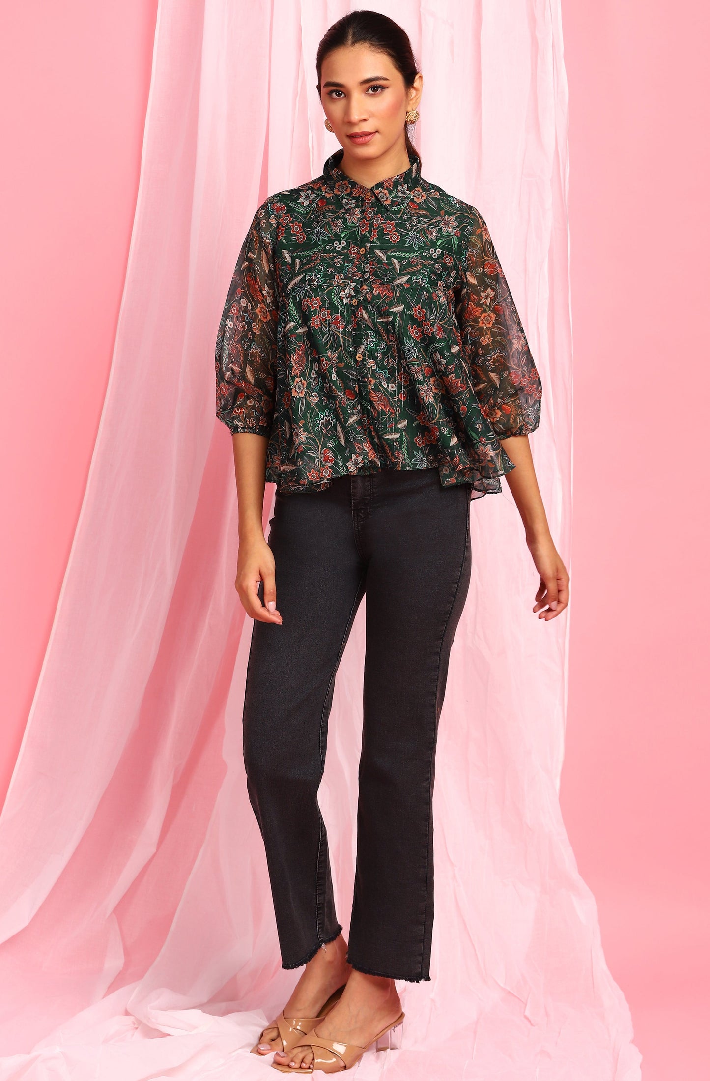 Janasya Women's Green Poly Georgette Floral Print Regular Top