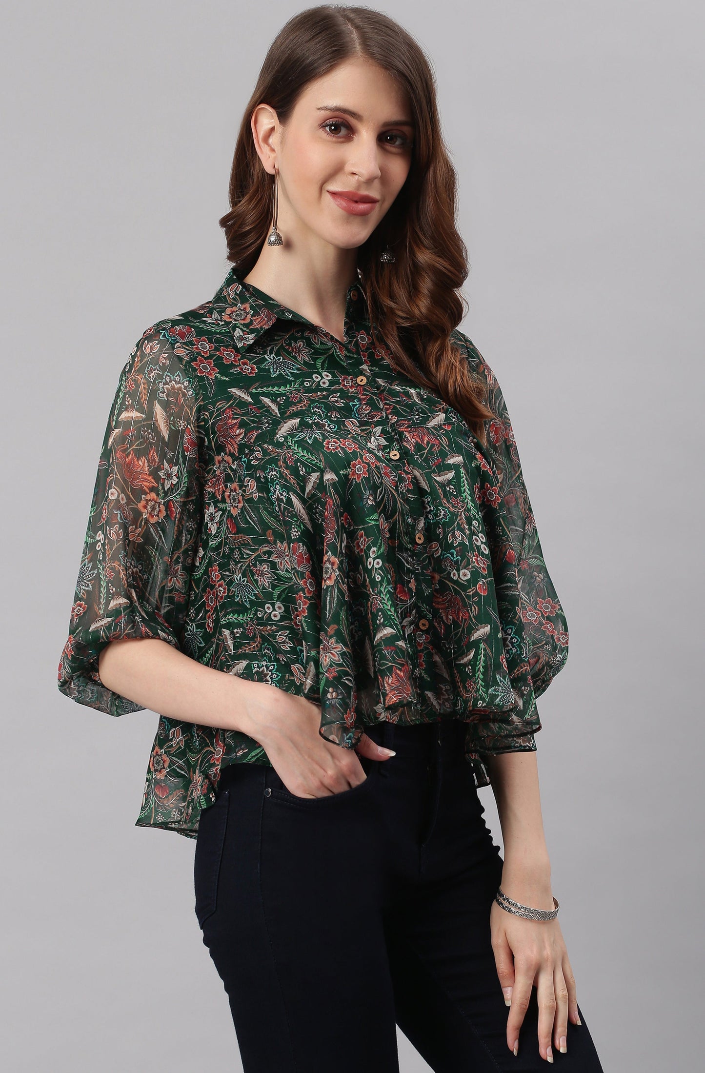 Janasya Women's Green Poly Georgette Floral Print Regular Top