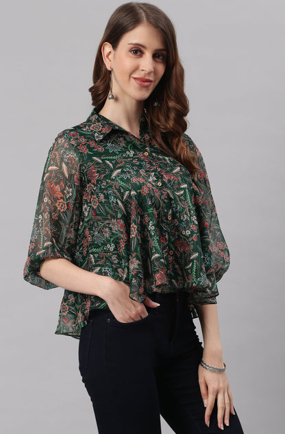 Janasya Women's Green Poly Georgette Floral Print Regular Top