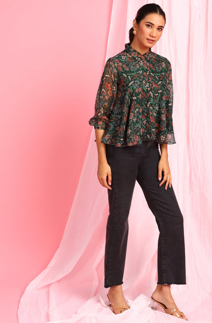 Janasya Women's Green Poly Georgette Floral Print Regular Top