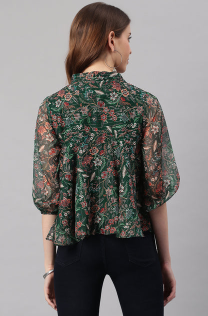 Janasya Women's Green Poly Georgette Floral Print Regular Top