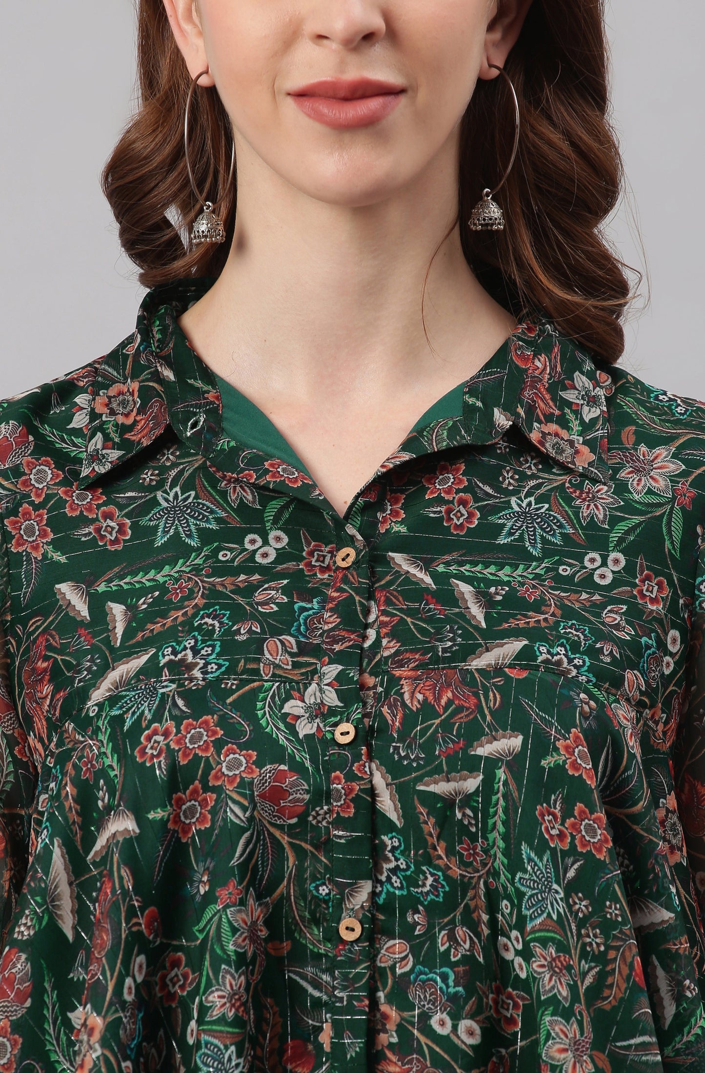 Janasya Women's Green Poly Georgette Floral Print Regular Top