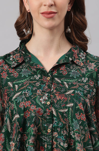 Janasya Women's Green Poly Georgette Floral Print Regular Top