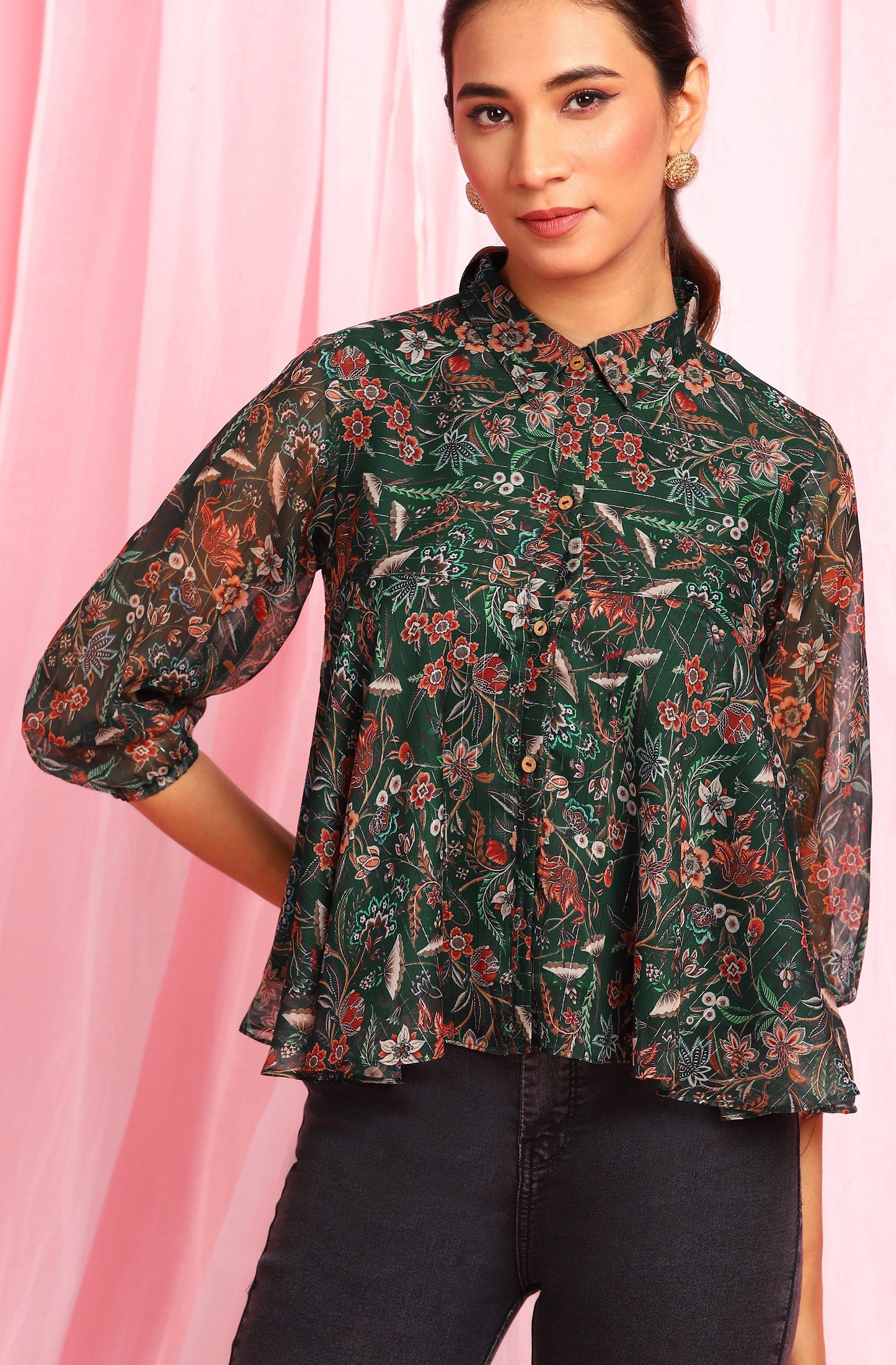 Janasya Women's Green Poly Georgette Floral Print Regular Top