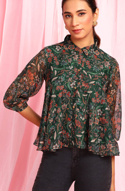 Janasya Women's Green Poly Georgette Floral Print Regular Top