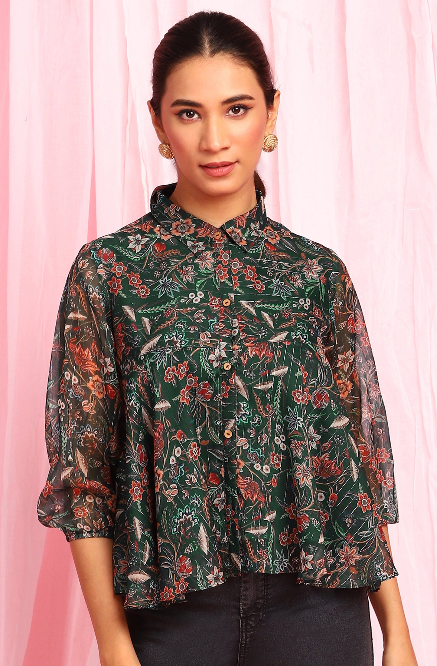 Janasya Women's Green Poly Georgette Floral Print Regular Top