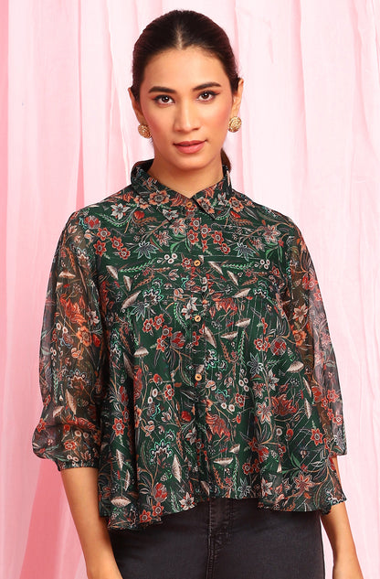 Janasya Women's Green Poly Georgette Floral Print Regular Top