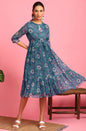 Janasya Blue Poly Georgette Floral Flared Western Dress