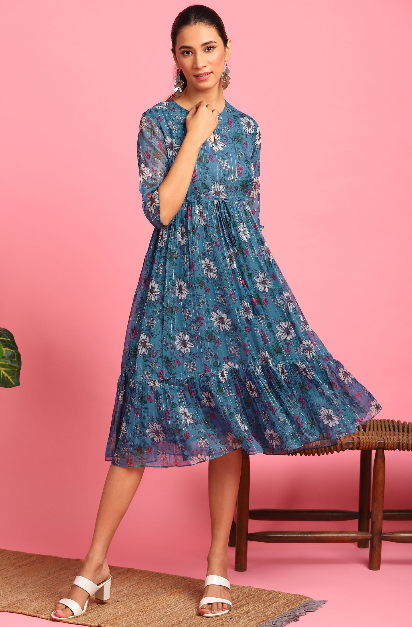 Janasya Blue Poly Georgette Floral Flared Western Dress