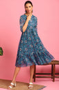 Janasya Blue Poly Georgette Floral Flared Western Dress
