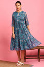 Janasya Blue Poly Georgette Floral Flared Western Dress