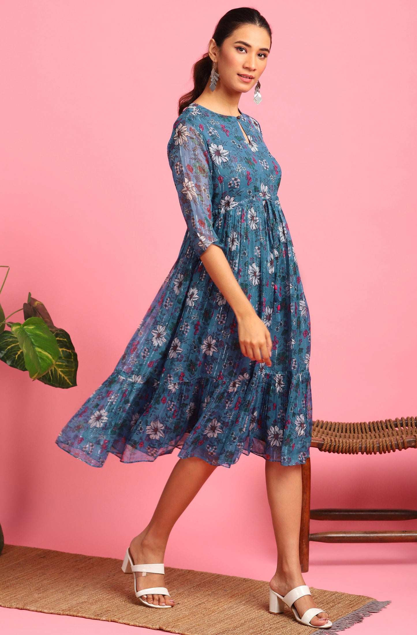 Janasya Blue Poly Georgette Floral Flared Western Dress