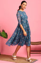 Janasya Blue Poly Georgette Floral Flared Western Dress