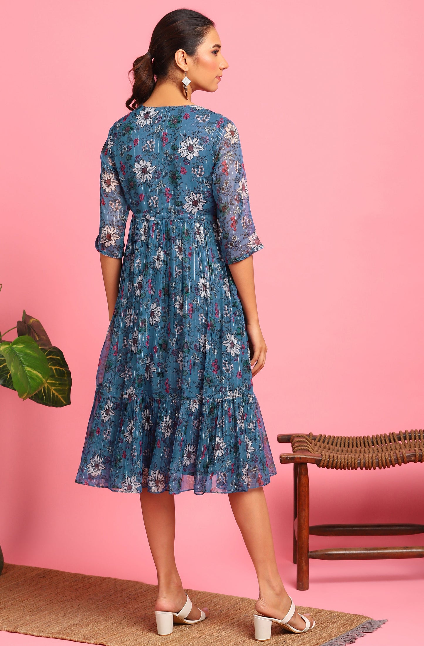 Janasya Blue Poly Georgette Floral Flared Western Dress