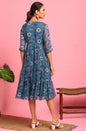 Janasya Blue Poly Georgette Floral Flared Western Dress