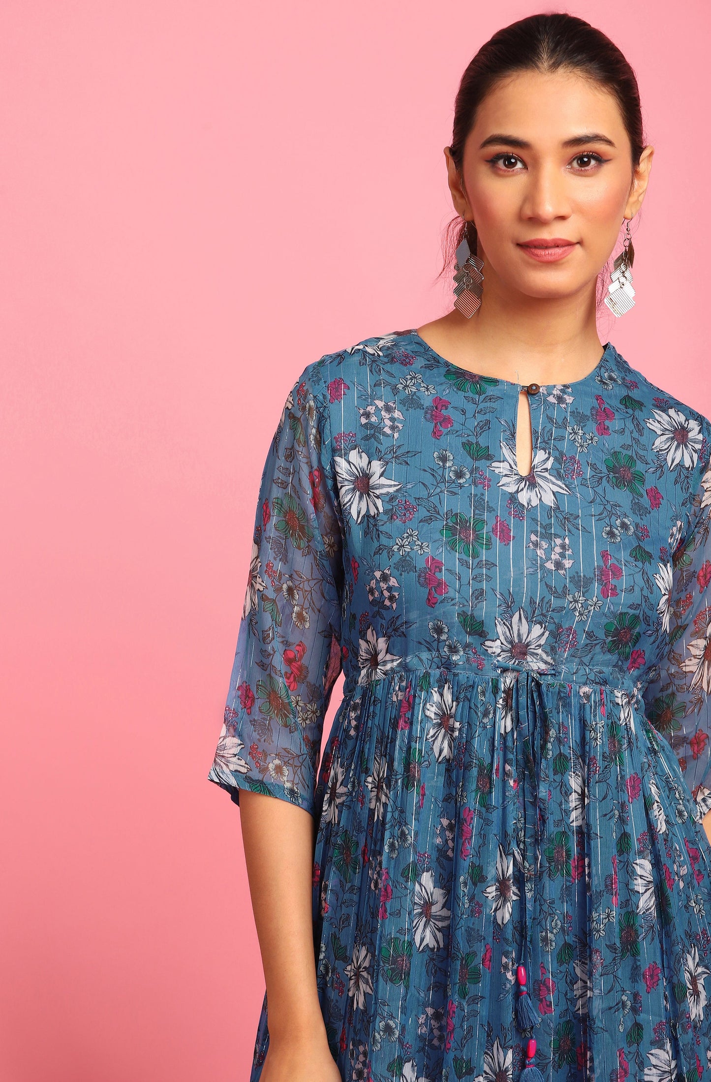 Janasya Blue Poly Georgette Floral Flared Western Dress
