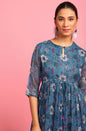 Janasya Blue Poly Georgette Floral Flared Western Dress