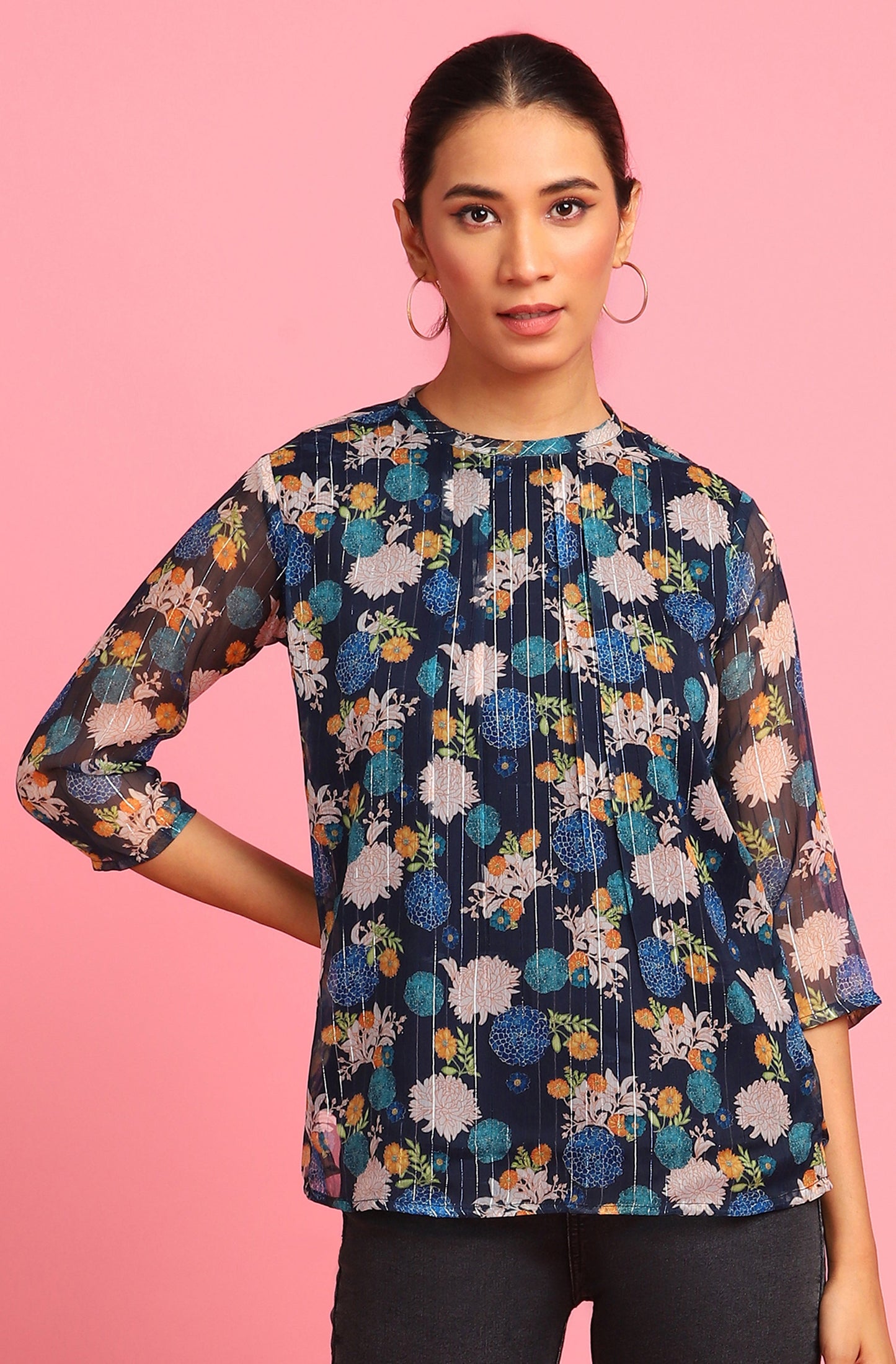 Janasya Women's Navy Blue Poly Georgette Floral Print Regular Top